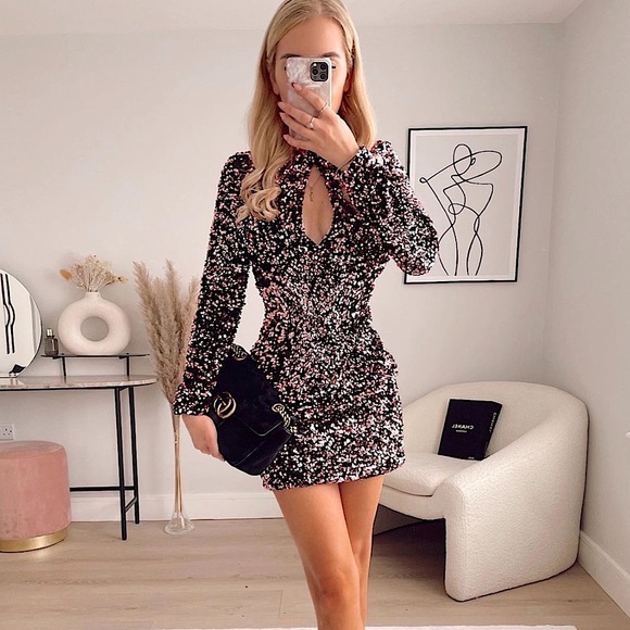 Size Small | Zara NWT Pink Sequin Long Sleeve Dress - Picture 7 of 16